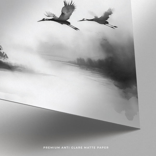 Two cranes mid-flight in an Asian-inspired ink landscape, Japanese cranes flying art.