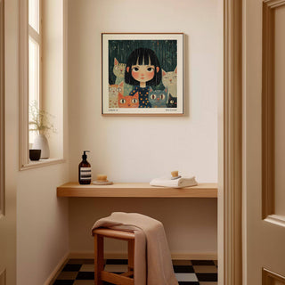 Vintage-style Japanese paintings with minimalist characters and pets