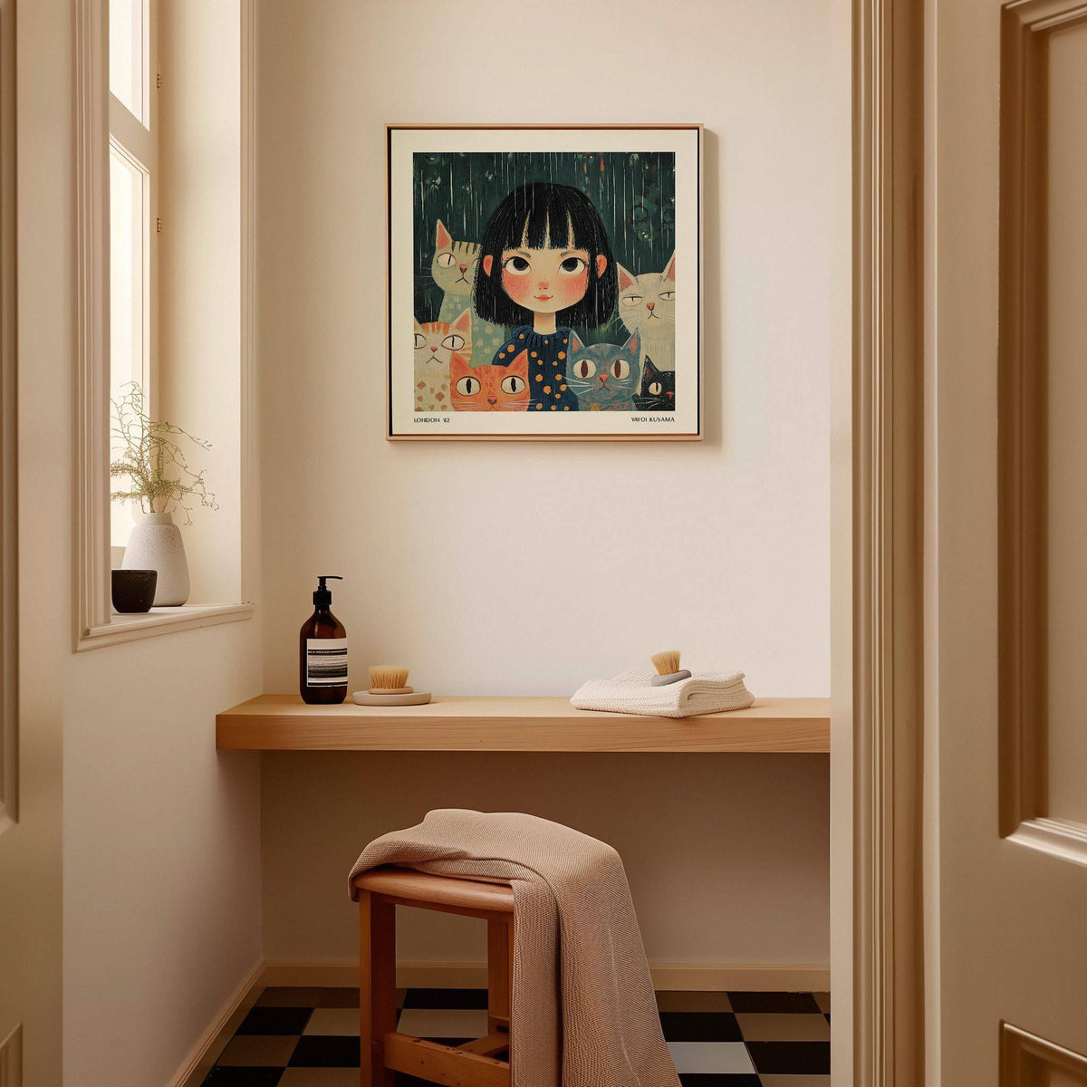 Vintage-style Japanese paintings with minimalist characters and pets
