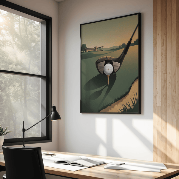 Foreground Golf Driver Art Print with oversized driver head behind a golf ball on fairway turf