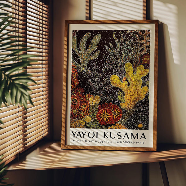 Ocean-themed coral reef art in orange, gold, and green.