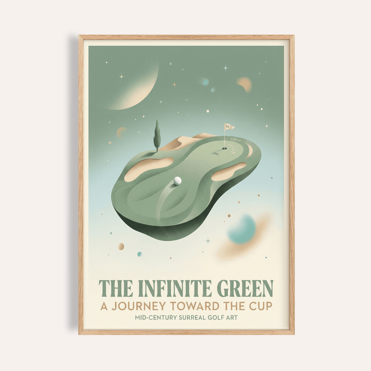 Floating putting green poster under moonlit sky, Surreal Golf Art