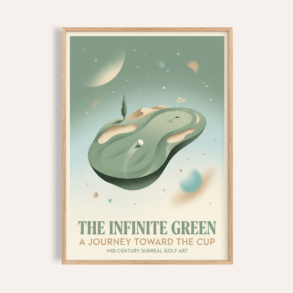 Floating putting green poster under moonlit sky, Surreal Golf Art