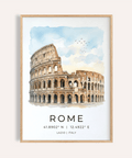 Watercolor Colosseum wall art poster with Rome text and coordinates