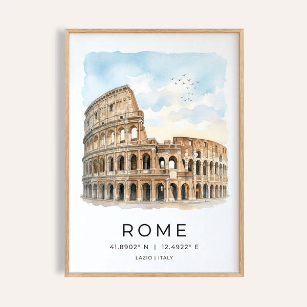 Watercolor Colosseum wall art poster with Rome text and coordinates