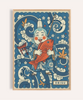 Front view Japanese Ebisu Wall Art poster with Ebisu holding a fish and wave patterns