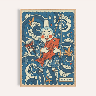 Front view Japanese Ebisu Wall Art poster with Ebisu holding a fish and wave patterns
