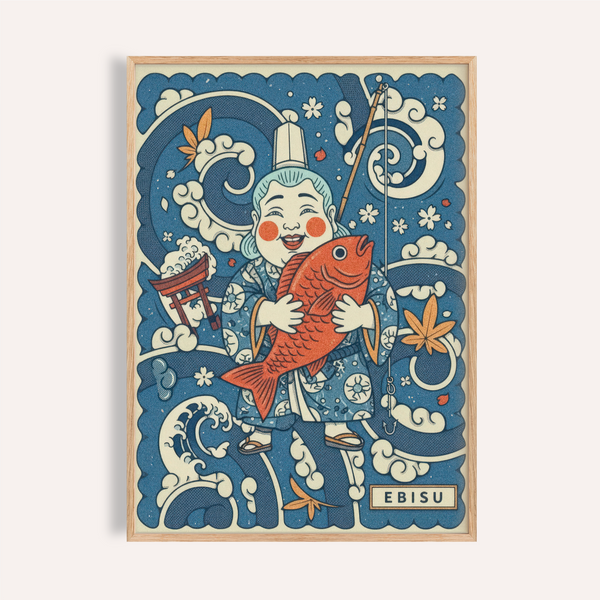 Front view Japanese Ebisu Wall Art poster with Ebisu holding a fish and wave patterns