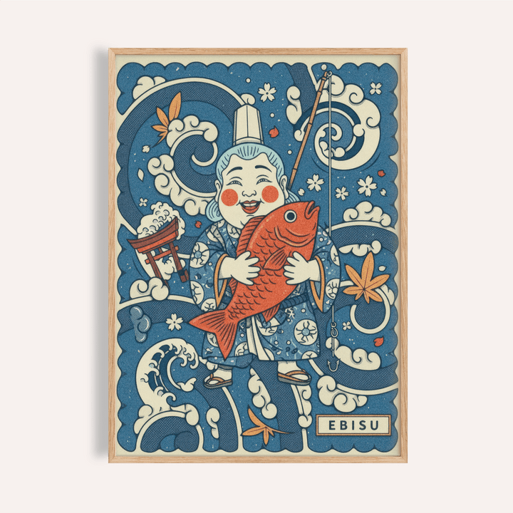 Front view Japanese Ebisu Wall Art poster with Ebisu holding a fish and wave patterns