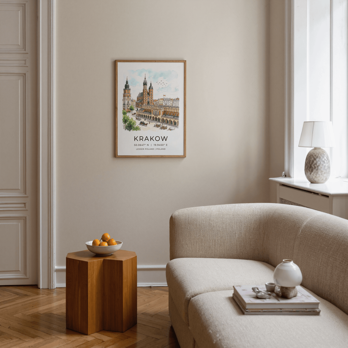 Watercolor-style Krakow skyline print with arcaded hall, market stalls, and birds