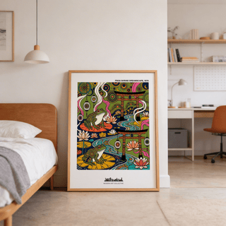 Highlighting curving river and lotus pond, decorative frog wall art print with shrine gates