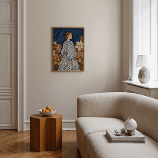 Floral Portrait Art wall decor in brown and blue, perfect for living room