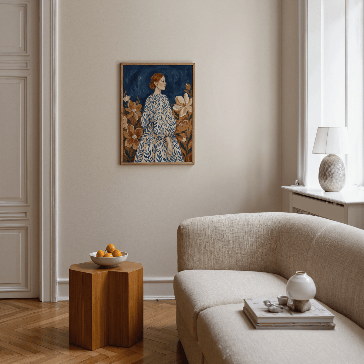Floral Portrait Art wall decor in brown and blue, perfect for living room