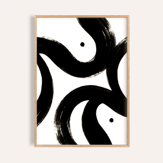 Black and White Posters framed print close-up showing abstract black brush strokes on white background