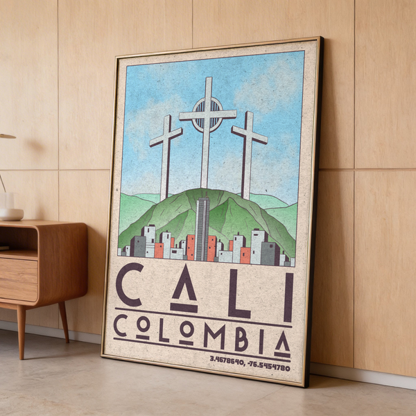 Close view of coordinate typography beneath CALI COLOMBIA title