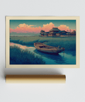 Winding channel art print highlighting skiff planks and rippling water