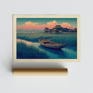 Winding channel art print highlighting skiff planks and rippling water