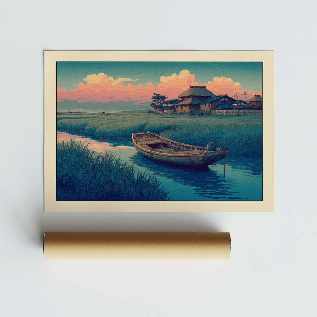 Winding channel art print highlighting skiff planks and rippling water