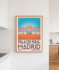 Travel-inspired wall art print of a Madrid palace facade with strong outlines and wide courtyard perspective