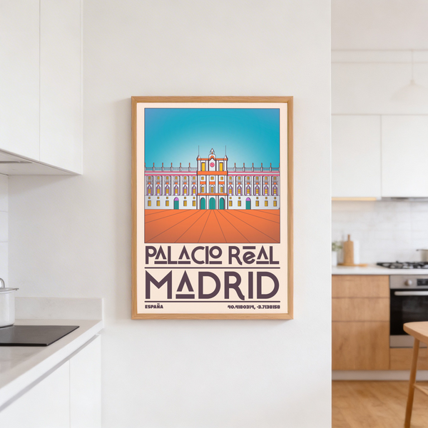 Travel-inspired wall art print of a Madrid palace facade with strong outlines and wide courtyard perspective