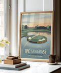 Foreground view wall art print of the island green at TPC Sawgrass with bridge and sand bunkers