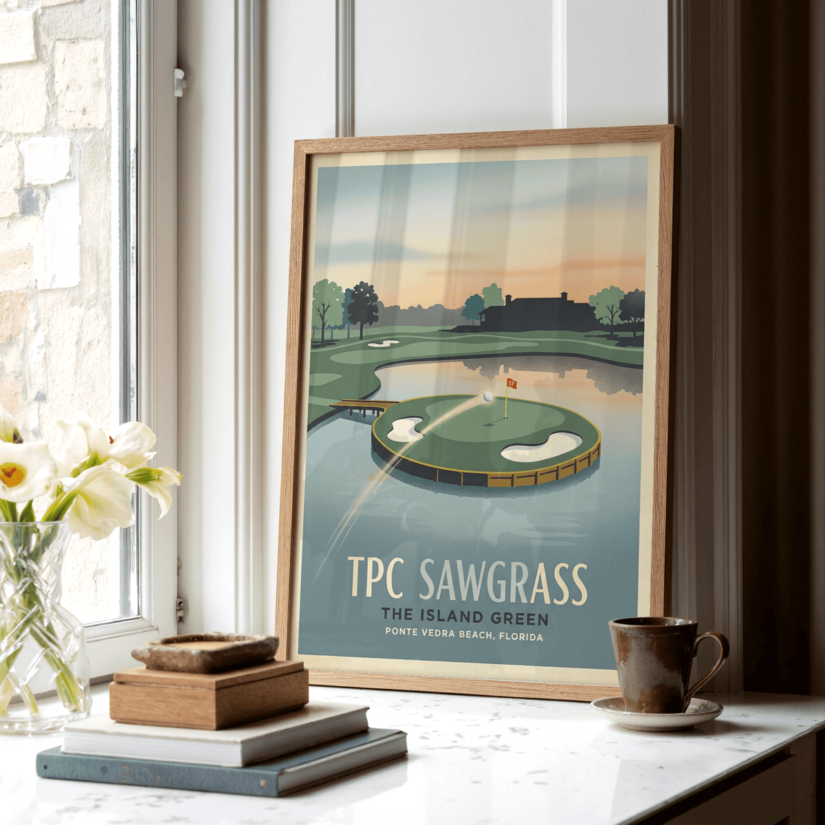 Foreground view wall art print of the island green at TPC Sawgrass with bridge and sand bunkers