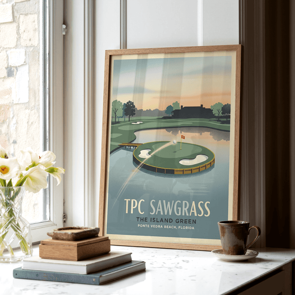 Foreground view wall art print of the island green at TPC Sawgrass with bridge and sand bunkers