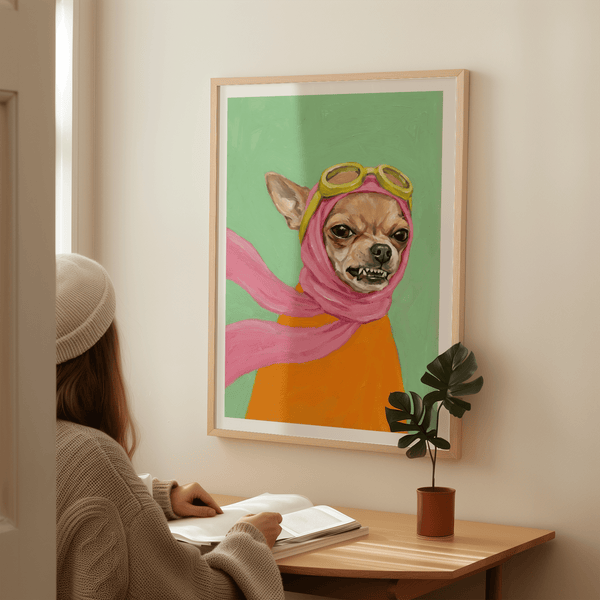 Funny Dog Art print with Pink, Orange, and Green accents for hallway