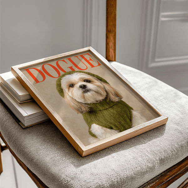Shih Tzu Wall Print art print showing cute dog in Green sweater, Beige tones for study