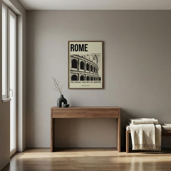 Vintage-inspired Colosseum Wall Art print with diagonal crop of arches and 'Completed: 80 AD' text