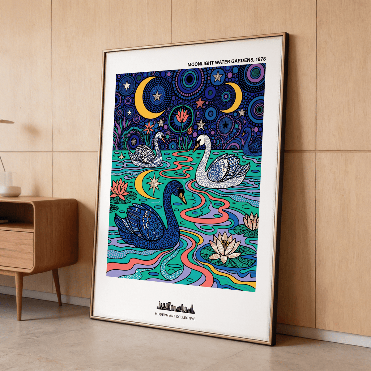 Colorful Swan Art Print showing swans on winding water channels at night