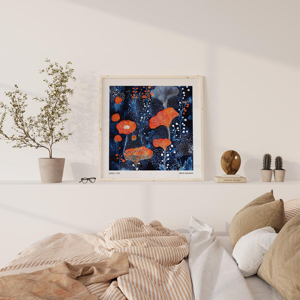 Abstract Flower Art with graphic flower forms and deep indigo tones.