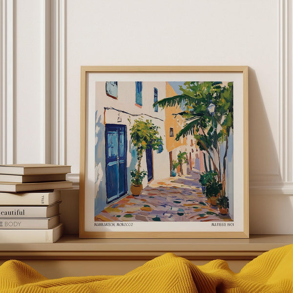 Morocco Wall Art featuring a vibrant Marrakech alley with bold blue doors.