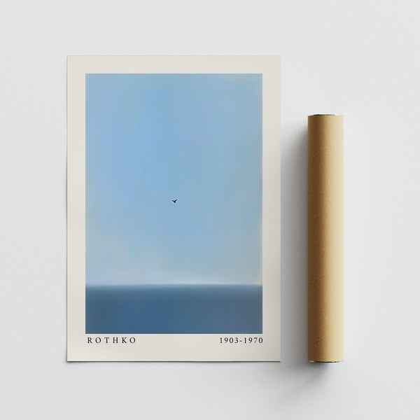Minimalist blue wall art showcasing vast sky and ocean below.
