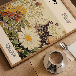 Modern vintage cat wall art with Japanese-inspired aesthetics