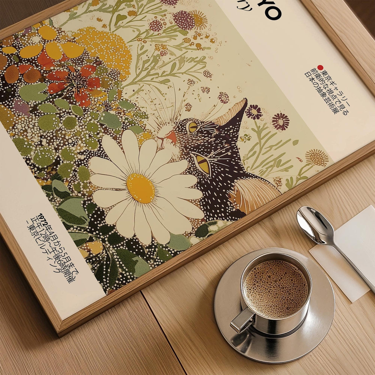 Modern vintage cat wall art with Japanese-inspired aesthetics