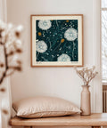 Abstract botanical print with delicate white dandelions.