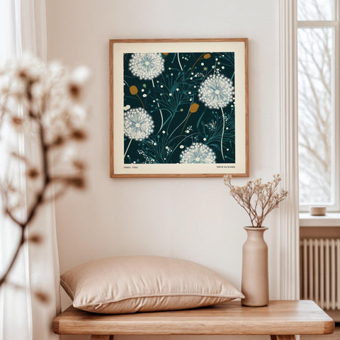 Abstract botanical print with delicate white dandelions.