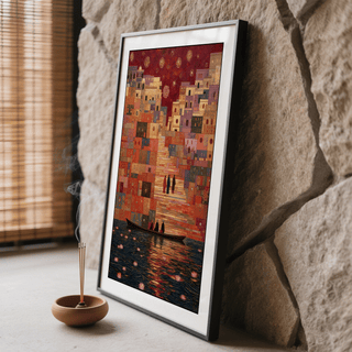 Textured detail emphasizing orange and pink tiles across layered rooftops