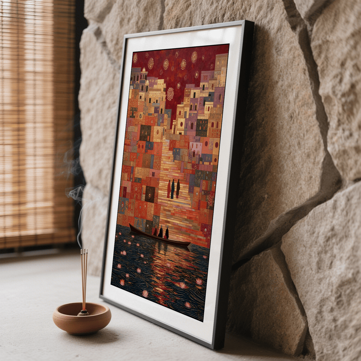Textured detail emphasizing orange and pink tiles across layered rooftops