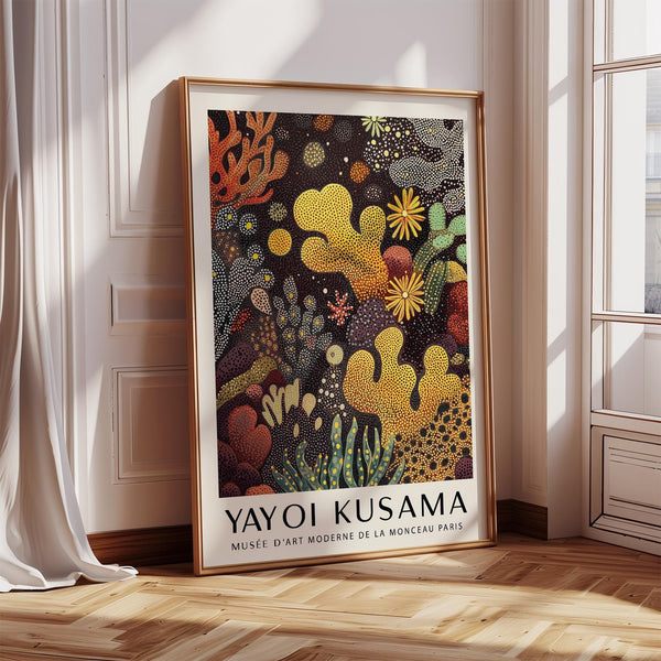 Sea life art featuring abstract coral patterns in warm yellow and orange tones.