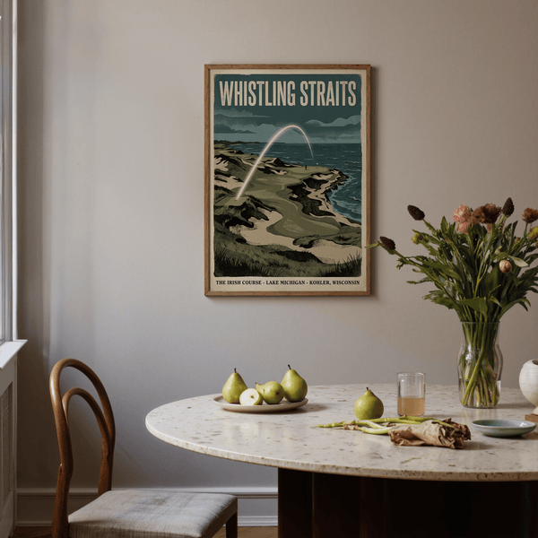 Winding fairway and green with flag on illustrated golf poster print