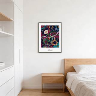 Colorful Snake Wall Art print featuring a coiled serpent, crescent moons, and flowers