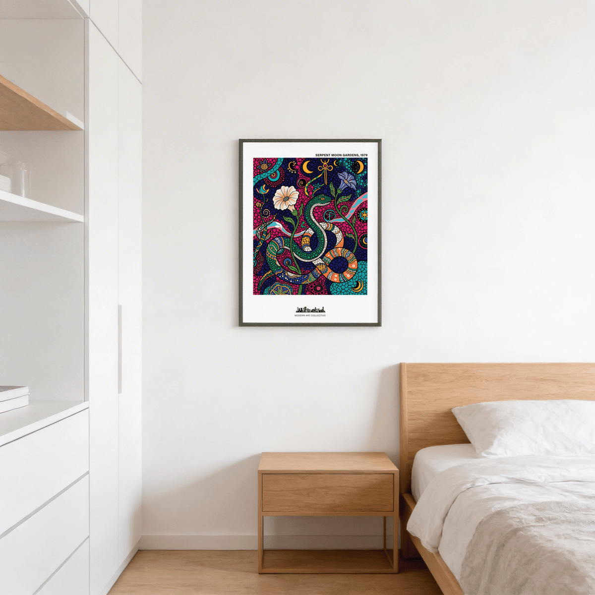 Colorful Snake Wall Art print featuring a coiled serpent, crescent moons, and flowers