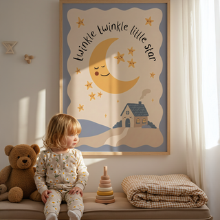 Hand lettered bedtime wall art with arching text over crescent moon