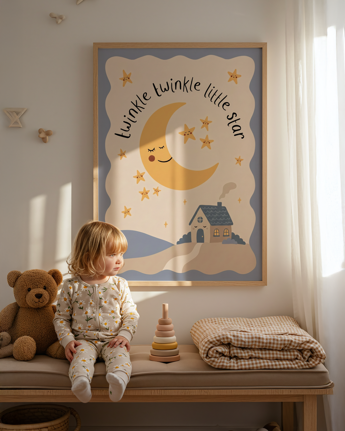 Hand lettered bedtime wall art with arching text over crescent moon
