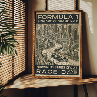 Illustrated city towers behind looping roadways, race poster print with “Marina Bay Street Circuit” and “Race Day” text