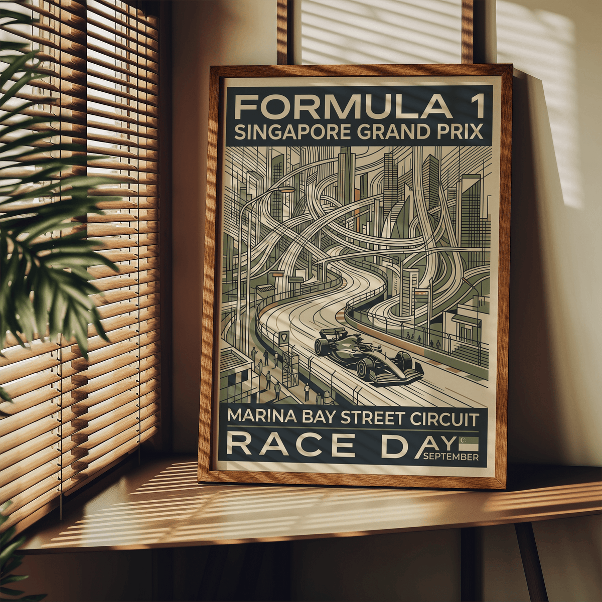 Illustrated city towers behind looping roadways, race poster print with “Marina Bay Street Circuit” and “Race Day” text