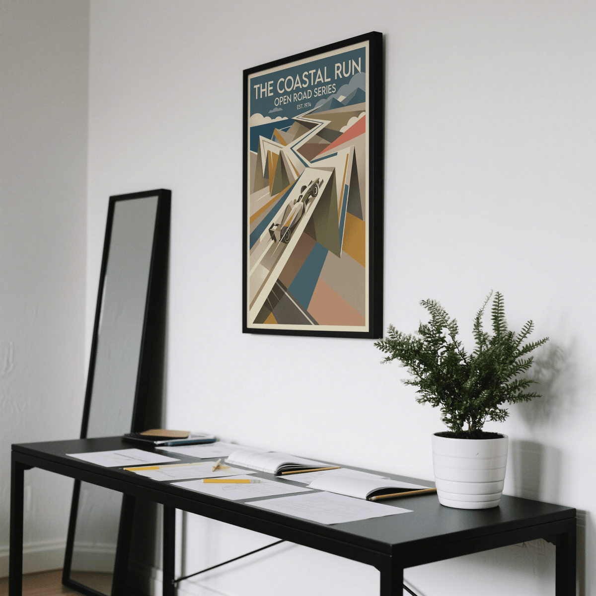 Full composition poster print with zig-zag road perspective, clouds, and layered shapes