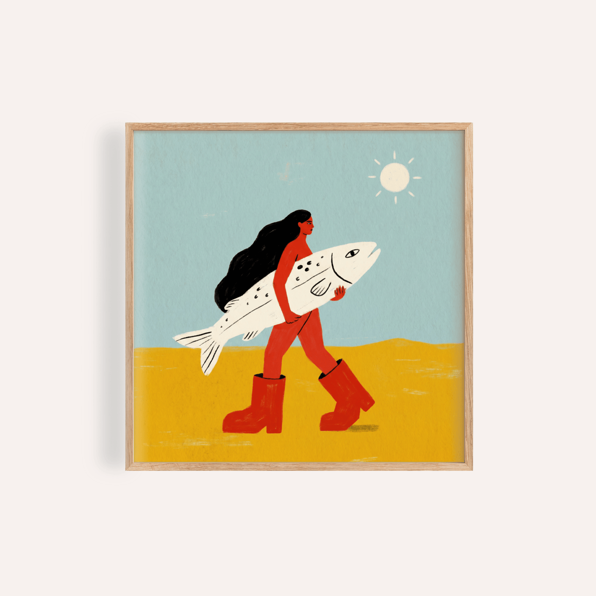 Walking figure carrying a large fish wall art poster illustration